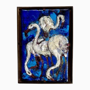 Small Enamel Art Painting with Flamingos in Brass Picture Frame, Italy, 1940s