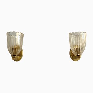 Italian Art Deco Style Brass and Murano Glass Wall Sconces, 1990s, Set of 2