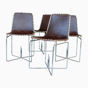 Vintage Chairs in Chrome and Leather, 1970, Set of 4