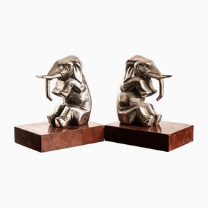Art Deco Bookends with Elephants in Silver-Plated Metal and Rouge Royal Marble, 1930, Set of 2