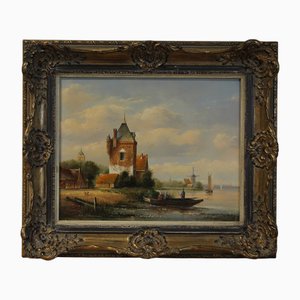 Anton Herkelman, Villaggio olandese con barche, XX secolo, Olio su tavola, Incorniciato