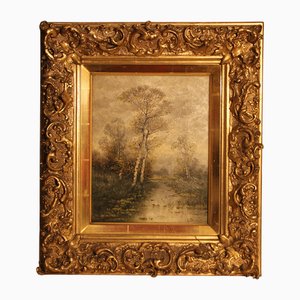 Johann Jungblut, Summer Stream with Wanderer, 19th Century, Oil on Wood, Framed