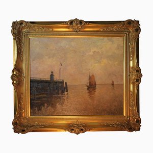 Hans Harländer, Fishing Boats at the Entrance of Cuxhaven Harbor, 20th Century, Oil on Wood, Framed