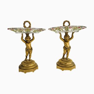 Soportes austriacos de bronce dorado y cristal tallado y coloreado. Juego de 2