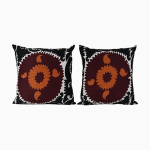Black Tashkent Suzani Square Cushion Covers, 2010s, Set of 2