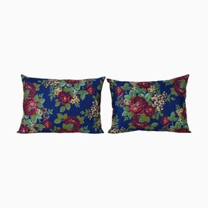 Navy Blue Uzbek Roller Printed Cushion Covers, 2010s, Set of 2