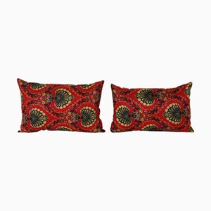 Handmade Boho Uzbek Red Roller Printed Cushion Covers, 2010s, Set of 2