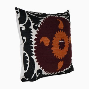 Hand Embroidered Boho Black Suzani Cushion Case, 2010s