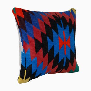Handwoven Vintage Turkish Geometric Wool Kilim Cushion Cover, 2010s