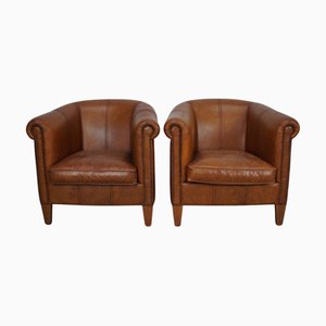 Cognacfarbene niederländische Vintage Leder Clubsessel, 2er Set