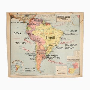 Antique French Wall Map of South America by Vidal Lablache, 1960s