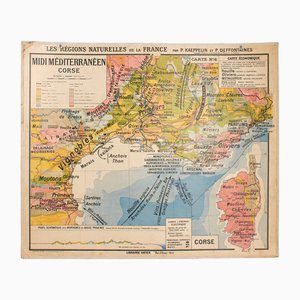 Antike französische Wandkarte von Südfrankreich und Korsika, 1960er