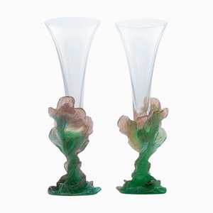 Vaso Soliflore in vetro con fiori rosa verde di Daum, Francia, anni '70