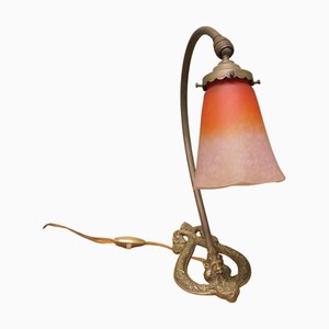 Französische Bacchus Tischlampe aus Messing mit Opalglasschirm, 1900