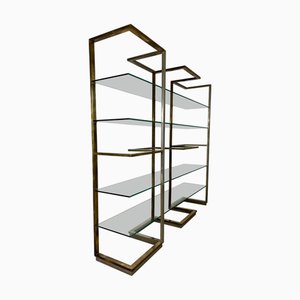Librería de latón y acero con estantes de vidrio, Italia, años 70