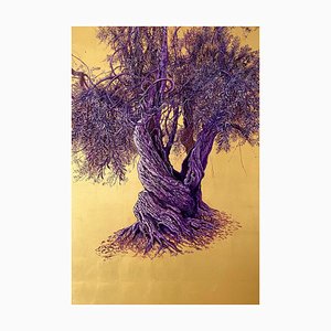 Anastasia Gklava, Grandiose, Realist Purple & Lavender Olive Tree, 2022, Oil & Gold Leaf Canvas