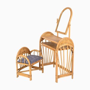 Italian Vanity Table with Chair in Bamboo and Rattan attributed to Vivai del Sud, 1970s, Set of 2