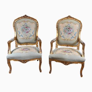 French Louis XV Gilt Armchairs with Needlepoint Upholstery, Set of 2