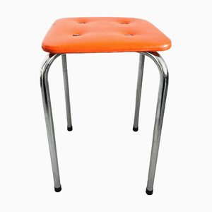 Mid-Century Modern Tube Frame Stool in Orange Leather, 1970s