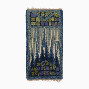 Vintage Swedish Blue Rya Runner with Abstract Shapes