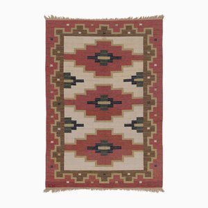 Vintage Swedish Beige Rya Flatweave with Red Geometric Medallions