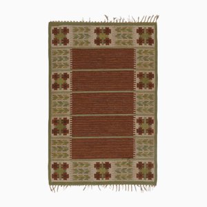 Vintage Swedish Brown Rya Flatweave with Green Geometric Borders