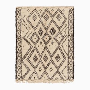 Vintage Moroccan Beige Rug with Black Geometric Pattern