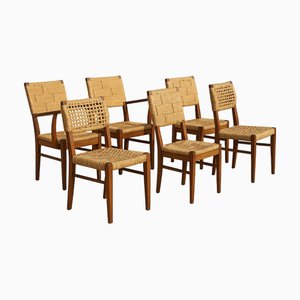 Chairs in Woven Raffia and Beech from Audoux Minet, 1950s, Set of 6