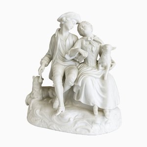 French Bisque Porcelain Romantic Shepherd and Shepherdess with Lambs Figurine, 19th Century