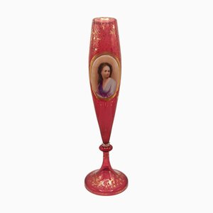Antique Bohemian Ruby Glass Portrait Vase with Gilt Decoration in the style of Moser, 1880-1900