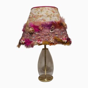 Vintage Bubble-Patterned Glass Base Table Lamp on Brass Mount from Rogo-Leuchten with Handmade Fabric Shade