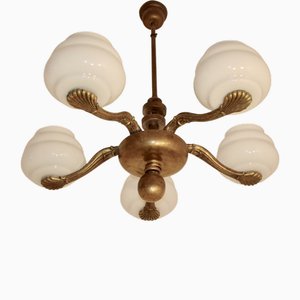 Chandelier in Brass and Glass, 1930s-1940s