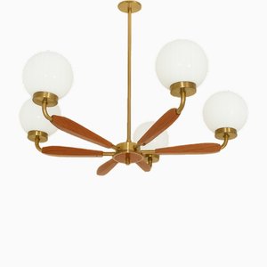 Moderner Kronleuchter aus Metall, Teak und Glas, 1970er