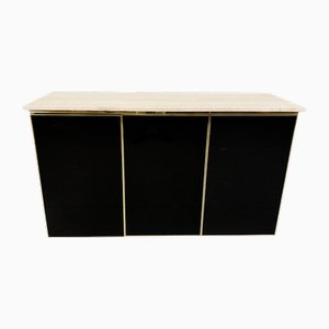 Vintage Black Lacquered and Travertine Credenza, 1980s