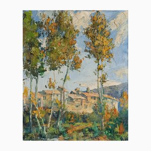 Village Landscape with Trees, 1970s, Oil on Canvas