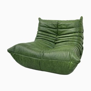Fauteuil Togo en Cuir Vert Forêt attribué à Michel Ducaroy pour Ligne Roset