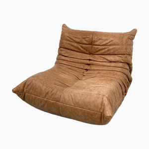 Fauteuil Togo en Cuir Marron Clair par Michel Ducaroy pour Ligne Roset
