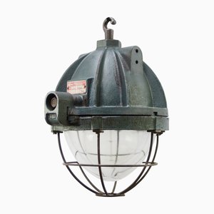 Vintage French Industrial Green Cast Iron and Clear Glass Pendant Lamp by EEA, 1967