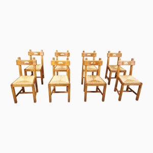 Vintage Brutalist Chairs in Oak and Wicker, 1960s, Set of 8