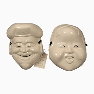 Japanese Ceramic Daikoku Okame Masks, 1980s, Set of 2