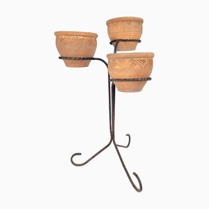 Portapiante brutalista in ferro battuto con vasi in terracotta fatti a mano, anni '70, set di 4