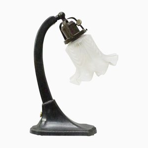 French Art Deco Table Light in Cast Iron and Frosted Glass, 1920s