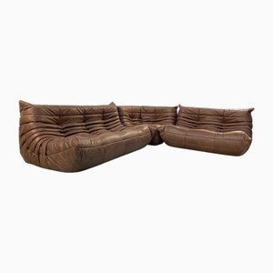 Mobilier de Salon Togo en Cuir Marron Foncé par Michel Ducaroy pour Ligne Roset, France, Set de 3