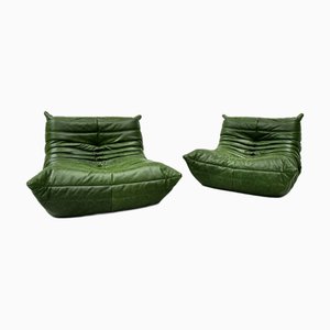 Fauteuils Togo en Cuir Vert Forêt par Michel Ducaroy pour Ligne Roset, Set de 2