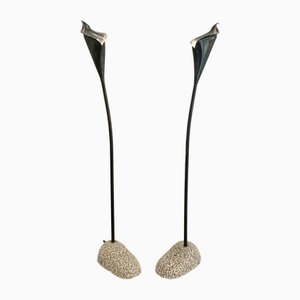 Spanish Bronze Lilly Shaped Lamps with Stone Bases, 1980, Set of 2