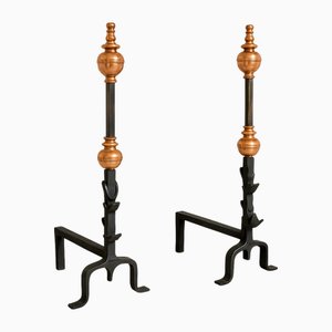 Château Andirons Monogrammed Forged Iron and Copper Finials, Set of 2