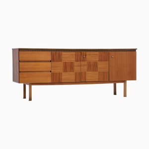 Vintage 1960s Walnut Sideboard | Mid-Century Sideboard with Drawers & Compartments and Checkerboard Pattern Wooden Storage