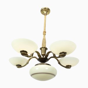 Art Nouveau Brass and Glass Chandelier, 1910s