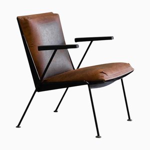 Modern Dutch Lounge Chair in Enameled Steel and Patinated Brown Leather by Wim Rietveld, 1950s