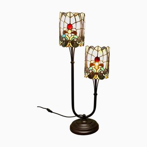 Metal and Jewel Glass Tiffany Style Twin Lamp, 1990
